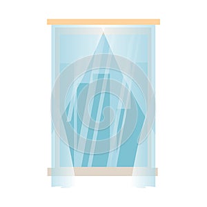 Closed window with wooden frame, glass and curtains. Cityscape view. Isolated Vector illustration