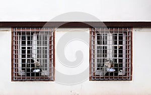 Closed windows with metal bars on a white wall