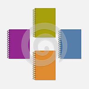Closed wire spiral A4 color cover notebook, realistic vector mockup set