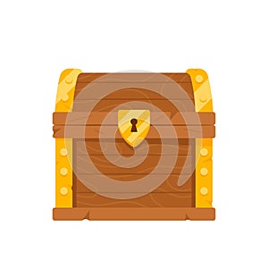 Closed Wooden Chest with Golden Fetter and Key Hole. Treasure Box With Gold Money, Wealth or Pirate Chests Loot