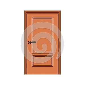 Closed wooden door. Doorframe with doorknob for entrance, exit. Doorway close. Shut entry to house, room, apartment