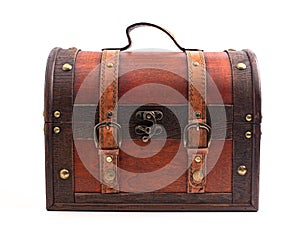 A Closed Wooden and Leather Treasure Chest on a White Background