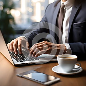 closedup businessman sits in his office, engrossed in his work. On his tidy desk, a sleek laptop hums with activity, the digital