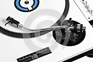 Closedup dj turntable with white vinyl
