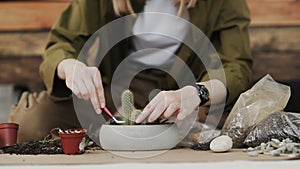 Closedup of woman`s hands gardener pours the soil with a shovel into a new ceramic pot for transplanting houseplant on