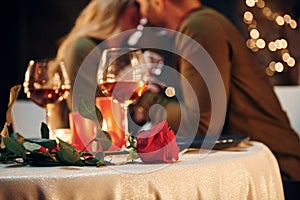 Closeness of the people. Young lovely couple have romantic dinner indoors together