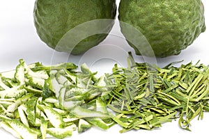 Closeop slice Bergamot, Kaffir lime, Leech lime or Mauritius papeda fruit and leaf is a vegetable and herb of Thailand.