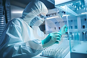 Closep-up image of a researcher in a protective mask working in a laboratory of a research institute