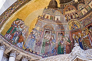 Close up of a section of mosaic on St. Mark`s Basilica in Venice