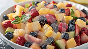 A closer look at a refreshing fruit salad featuring a mix of berries melon and tropical fruits drizzled with a citrus