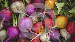 A closer look reveals a of multicolored radishes each one with its own distinct combination of colors and patterns. They