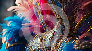 A closer look at a stunning carnival costume complete with a glittering headpiece feathered collar and intricate beading photo