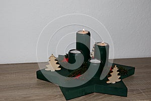 Closer view on a green advents wreath with two burning candles at home in niederlangen emsland germany