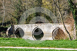 Closer view of the old stone Barton packhorse bridge in Bradford on Avon