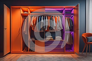 Closet with clothes in modern interior. generative ai