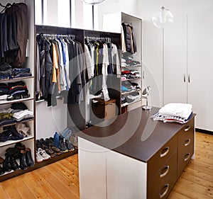 Closet, home and clothes with interior design apartment luxury for walk in wardrobe, empty room or hanging. Storage