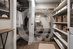 a closet with shelves, hooks and baskets to organize clothing