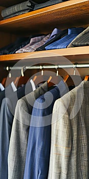 A closet with suits and jackets on hangers