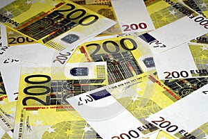 Closeup of 200 Euro banknotes