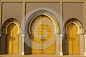 Closeup of 3 Ornate Brass and Tile Doors to Royal Palace in Fez, Morocco