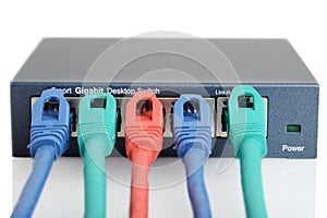 Closeup 5 port ethernet network switch with cables