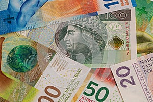 Closeup of 50, 100 and 200 Swiss franc banknotes and 100 polish zloty banknotes