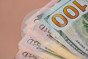 Closeup of 50 and 100 USD banknotes