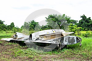 Closeup of abandoned damaged airplane wings at grassland field with trees background