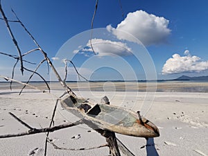 Closeup with an abandoned homemade wooden toy boat washed away on the seashore in Balambangan Island, Kudat.