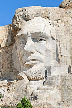Closeup of Abraham Lincoln. Presidential sculpture at Mount Rushmore National Monument, South Dakota, USA.