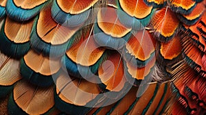 Closeup abstract background image of colorful ring-necked pheasant feathers