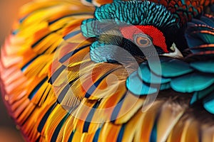 Closeup abstract background image of colorful ring-necked pheasant feathers