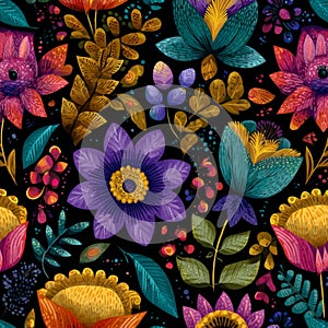 Folk Art Flowers on Solid Black Background.