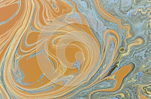 Closeup of abstract oil painting of orange and aquamarine on canvas, background of colors, blurs, fire.