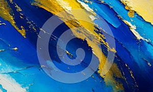 Closeup of abstract rough blue and gold color multi colored art painting texture, with oil brushstroke