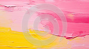 Closeup of abstract rough pink and yellow colorful multi colored art painting texture with oil brushstroke. generative AI