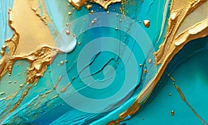 Closeup of abstract rough turquoise and gold color multi colored art painting texture, with oil brushstroke