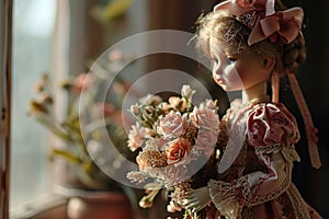 closeup of a adorable porcelain ball jointed doll in a dress holding a bouquet of flowers photo