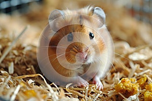 closeup of adorable small fluffy pet hamster in straw, domestic animal rodent blurred background