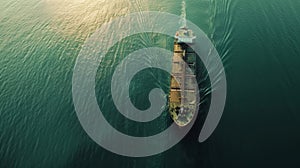 A closeup aerial shot of one particular ship as it sails through the calm waters of the aroundtheclock biofuelpowered