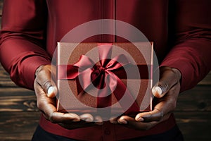 closeup African American man hands holding gift red cardboard box