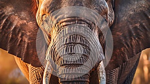 Closeup of an African Elephant with large tusks. AI-generated.