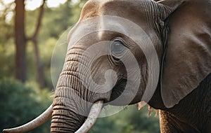 Closeup of African elephants face with ivory tusks in natural landscape