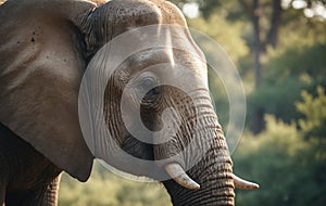 Closeup of African elephants face with ivory tusks in natural landscape