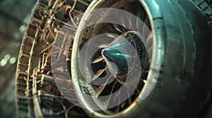 A closeup of an aircraft engine as it is inspected by a team of mechanics before takeoff. The large powerful machinery
