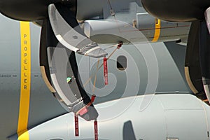 Closeup of the airplane propeller engine of the Airbus A400M Atlas plane