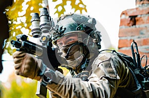 Closeup airsoft man in uniform, move with machine gun. Soldier aims at the sight photo