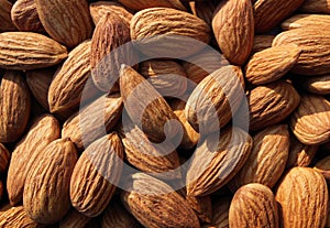 Closeup of Almond nuts heap abstract food product background