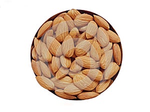 Closeup of Almond nuts heap abstract food product background held in bowl isolated against white background