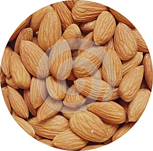 Closeup of Almond nuts heap abstract food product background held in circular window isolated against white background